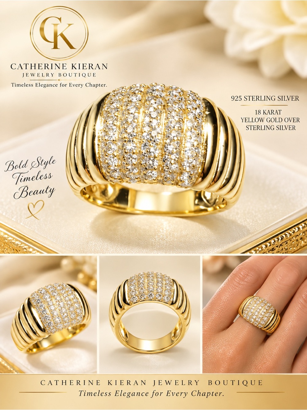 18K Gold & Sterling Silver Pavé Dome Ring Crystal Accent